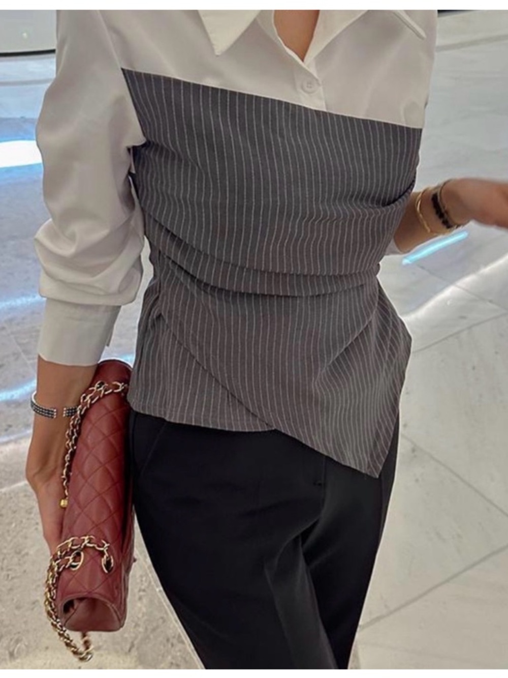 Commense White Shirt with Gray Pinstripe Draped Bodice
